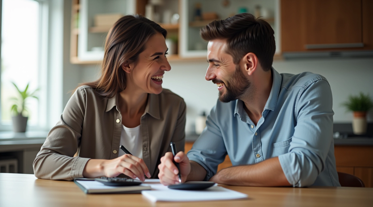 Couple sitting at kitchen table with notebook and calculator, discussing finances