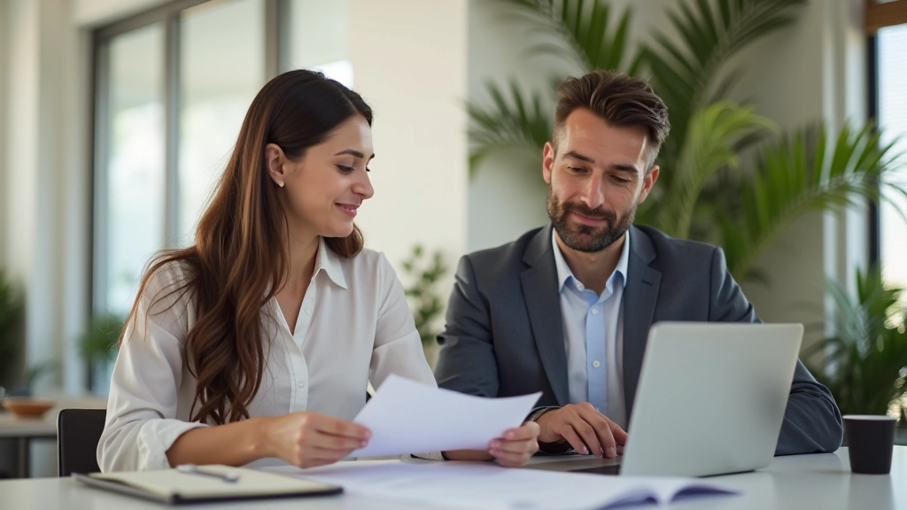 Two people reviewing documents at table with laptop, having friendly discussion