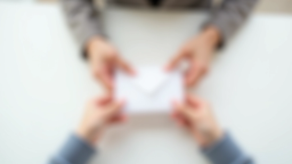 Hands exchanging money envelope on white table surface