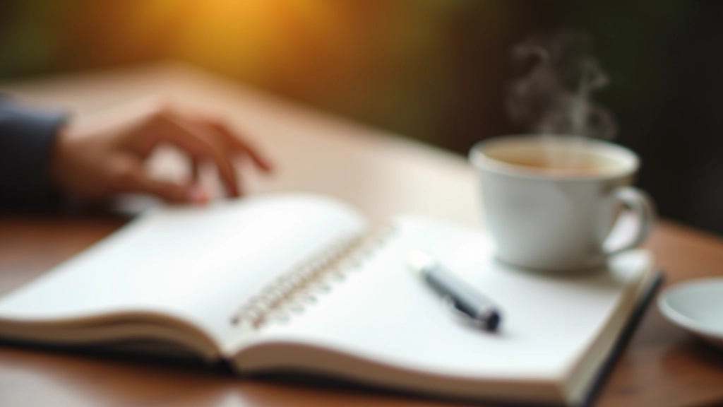 Open financial planning workbook with pen and cup of tea on desk